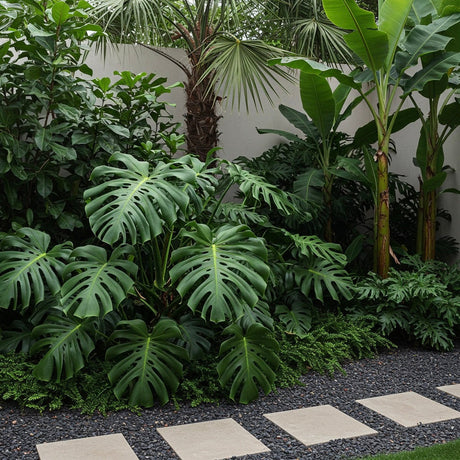 Monstera deliciosa with large glossy split leaves growing in a bright indoor room