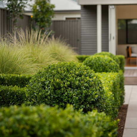 Neatly clipped Japanese box hedge framing a front garden path for classic kerb appeal
