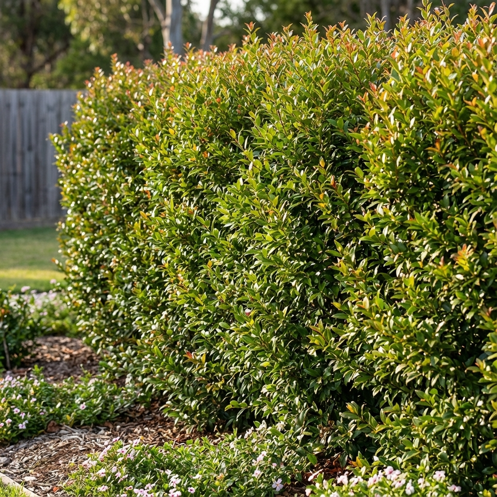 Dense upright lilly pilly foliage with glossy dark green leaves and bronze new growth forming a tall narrow column