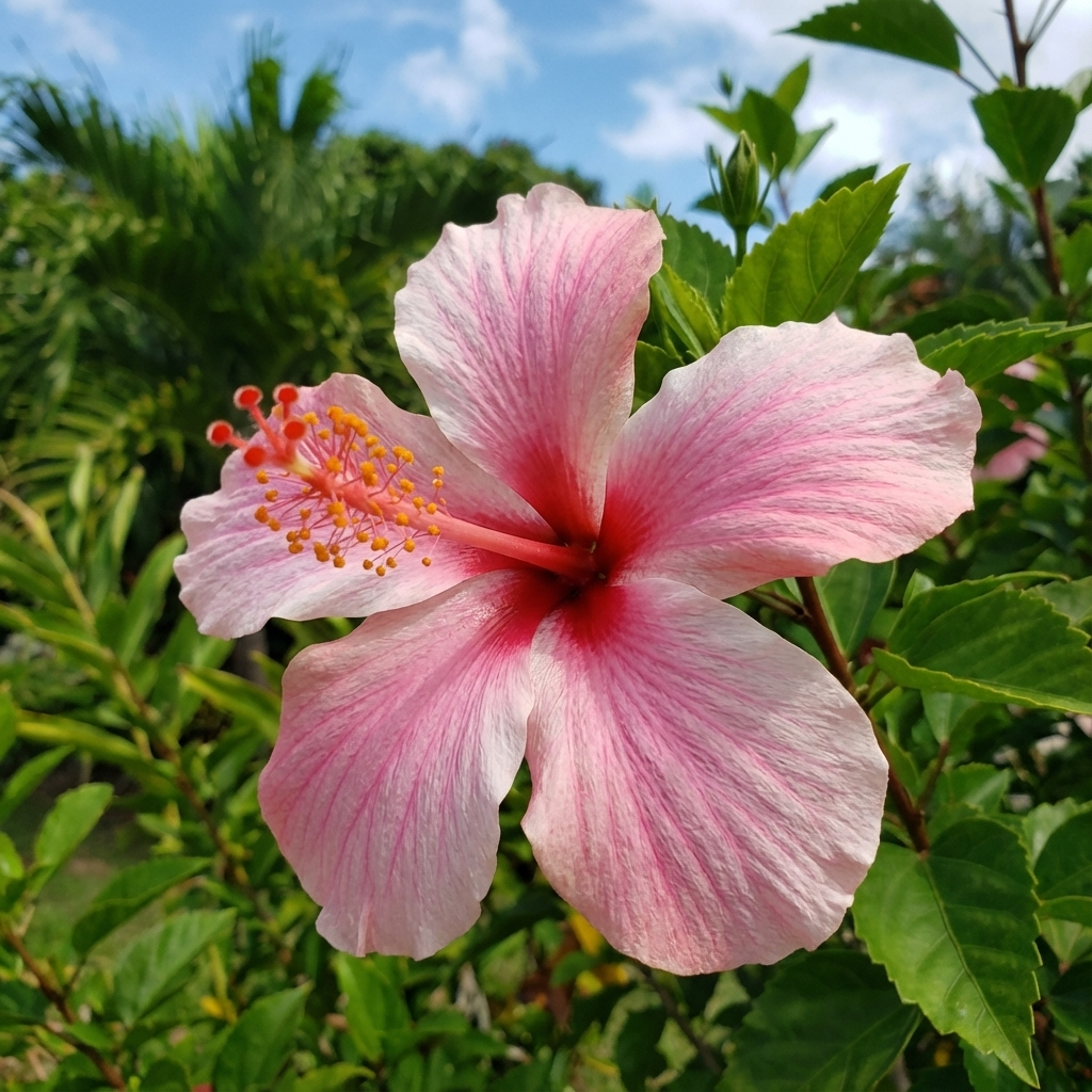 Hibiscus shrub with large open trumpet flowers and glossy green leaves in a sunny garden