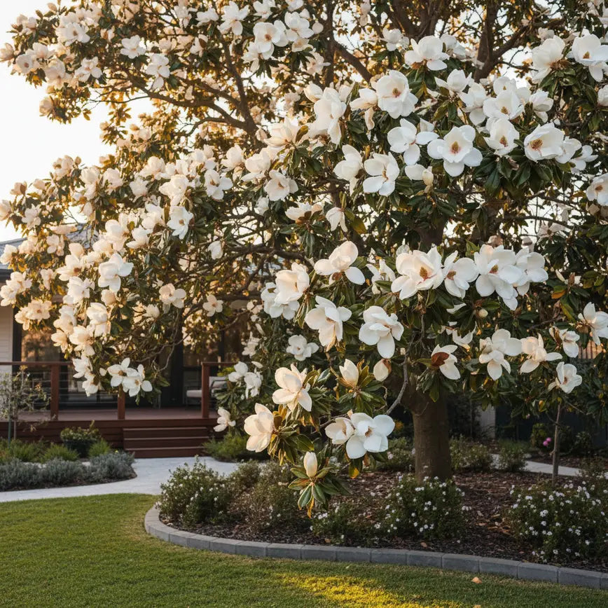 Magnolia tree with large white flowers and glossy green foliage in Australian garden