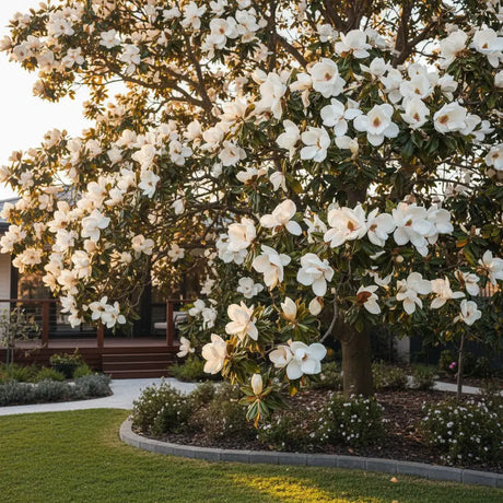 Magnolia tree with large white flowers and glossy green foliage in Australian garden