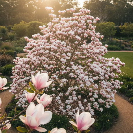 Healthy magnolia tree with pink and white blooms in Australian garden setting