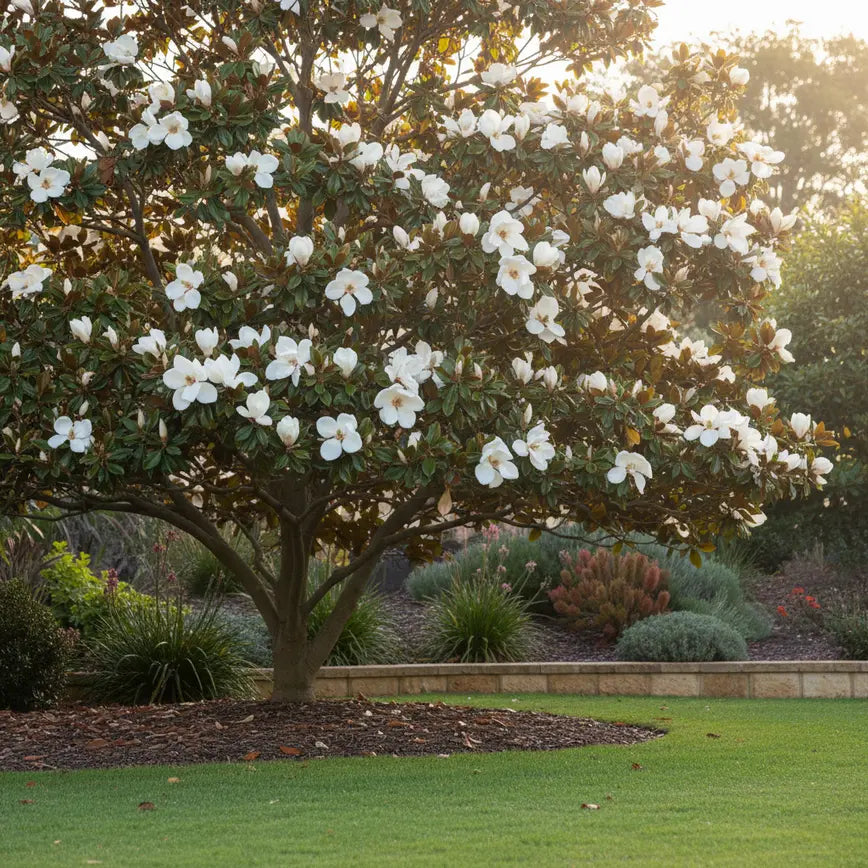 Mature magnolia tree with white blossoms and green foliage in Australian residential garden