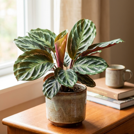 Potted Calathea with broad oval leaves patterned in pale green feathering and deep purple undersides
