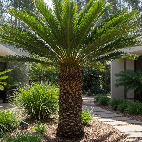 Sago palm cycad with a symmetrical crown of stiff arching dark green fronds above a stout trunk