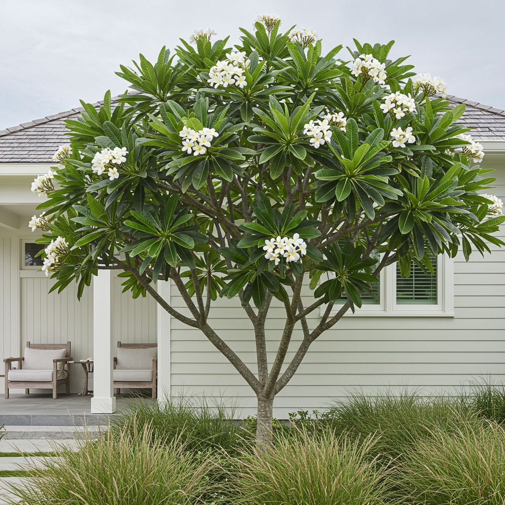 Singapore white frangipani flowers with golden centres against deep green leaves