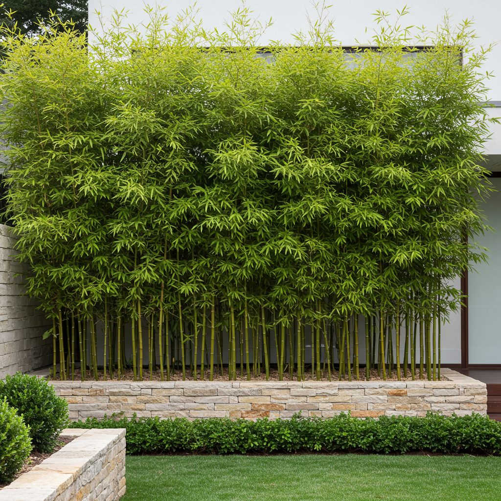 Slender Weavers bamboo forming a tall lush green privacy screen along a fence