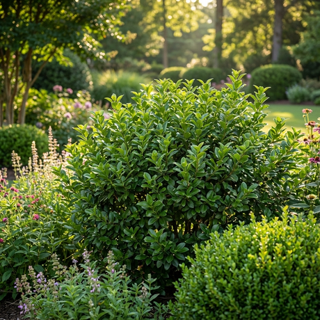 Sweet viburnum hedge with dense glossy green leaves forming a tall privacy screen