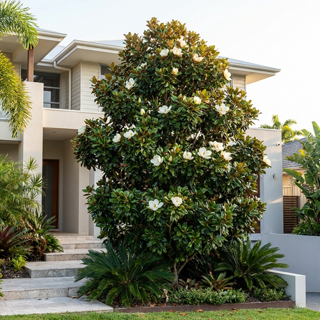 Compact evergreen magnolia with glossy dark leaves growing beside a modern grey house and lawn