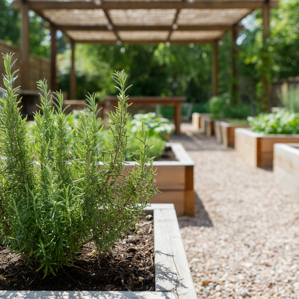 Upright Tuscan Blue rosemary bush with aromatic needle foliage and blue flowers
