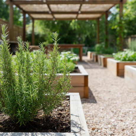 Upright Tuscan Blue rosemary bush with aromatic needle foliage and blue flowers
