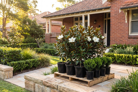 A delivery morning in Sydney: nursery plants standing upright on a pallet at the front of a Federation brick house