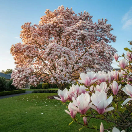 Magnificent magnolia tree covered in large pink and white flowers in Australian garden