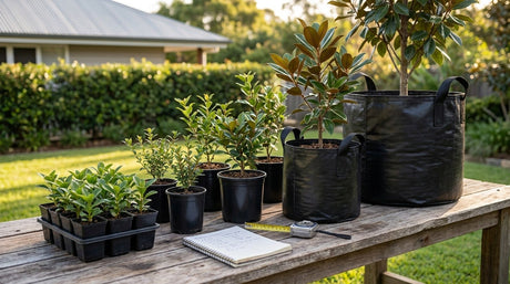 Nursery plants in every size from tubestock to a 100 litre bag laid out on a table, the sizes an online nursery can deliver