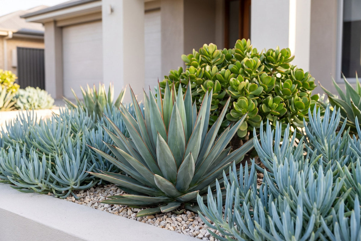 Blue Glow agave, blue chalk sticks and jade plant in a raised gravel-mulched bed at an Australian home