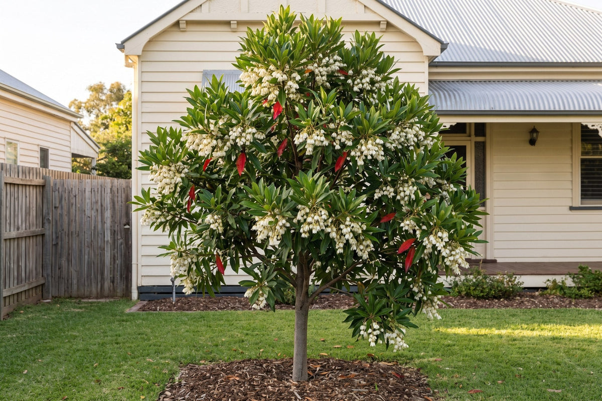 Blueberry ash tree in white spring flower in an Australian front garden