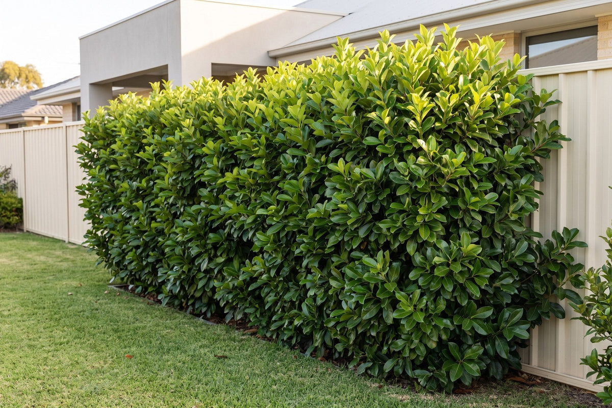 Clipped sweet viburnum hedge with large glossy leaves screening a backyard boundary