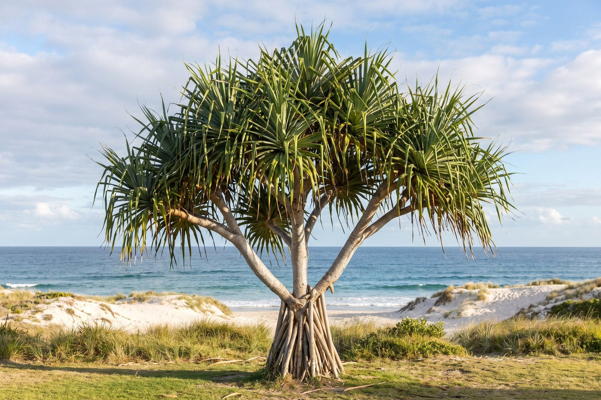 Coastal screw pine pandanus with stilt roots at the edge of a beachfront garden