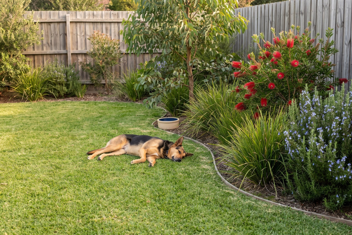 Dog resting on the lawn beside lomandra, bottlebrush and rosemary in a pet-friendly backyard