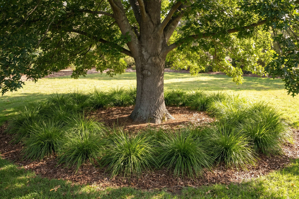 Drifts of lomandra planted in mulch around the base of a mature shade tree