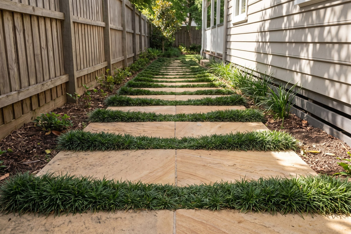 Dwarf mondo grass growing between sandstone stepping pavers on a shaded side path