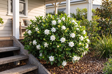 Florida gardenia shrub covered in double white flowers beside timber steps