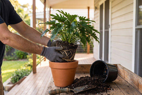 Gloved hands lowering a Xanadu philodendron into a larger terracotta pot on a potting bench