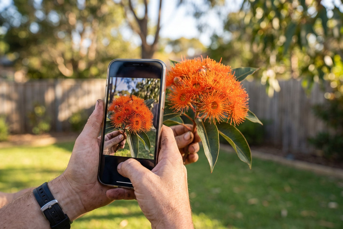 Hand holding a phone to photograph orange flowering gum blossom for a plant identifier app