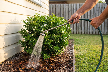 Hose wand soaking the mulch at the base of a murraya shrub in an Australian garden in the early morning