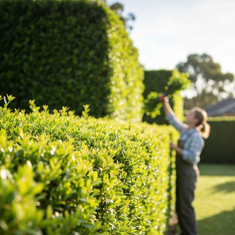 A perfectly pruned, dense Lilly Pilly 'Resilience' hedge in a sunny Australian garden. The image illustrates the result of the article's guide on how to plant and prune for a perfect hedge.