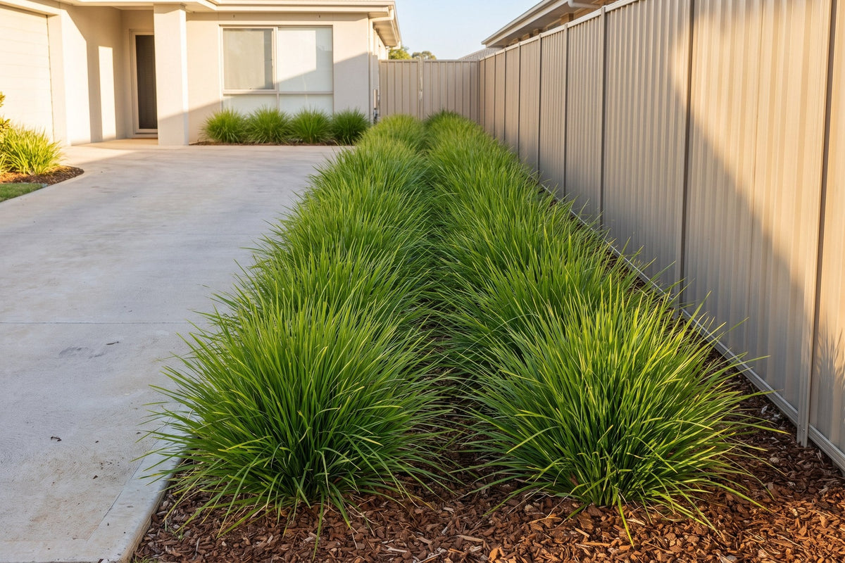 Mass planting of Tanika lomandra beside the driveway of an Australian home