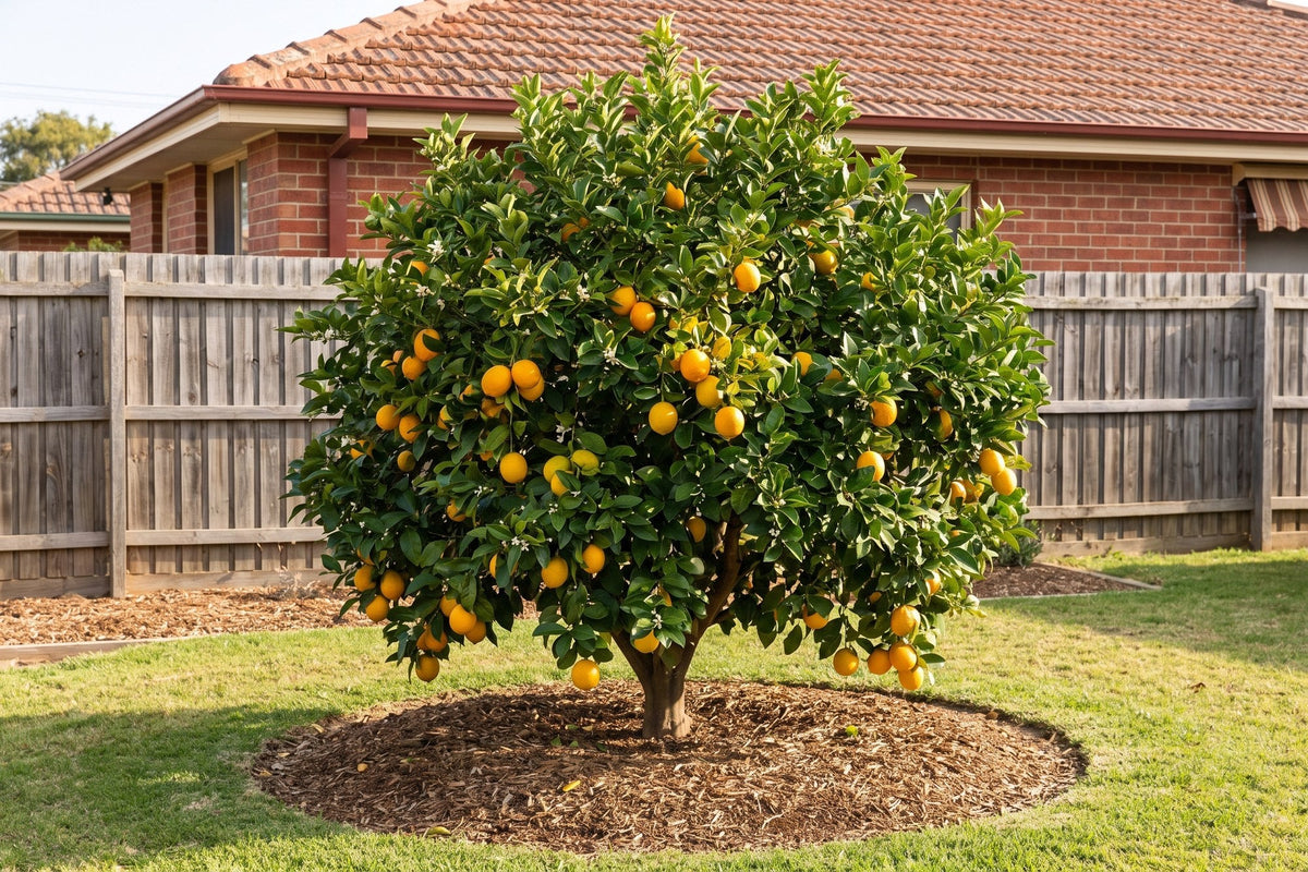 Meyer lemon tree laden with ripe golden fruit in a sunny Australian backyard