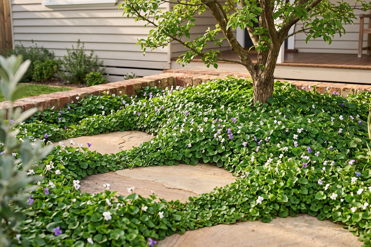 Native violet carpeting a shaded garden bed around sandstone stepping stones