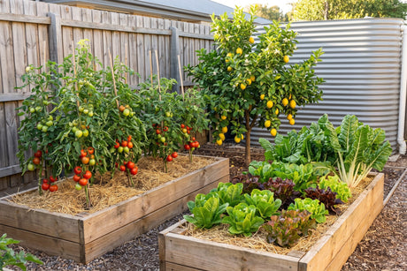 Raised vegetable beds with tomatoes and greens and a lemon tree in an Australian backyard