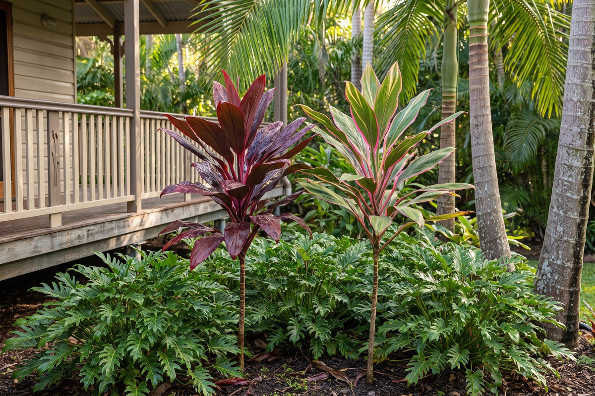 Red and pink ti plant cordylines in a subtropical garden bed beside a Queenslander