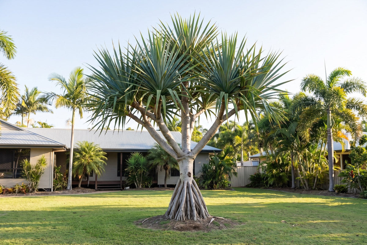 Red edge pandanus with stilt roots and spiral leaf tufts as a feature tree on an open lawn