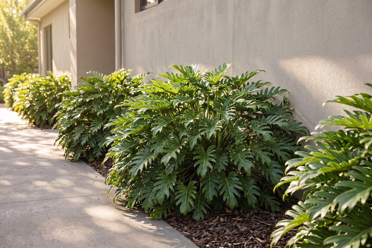 Row of rounded Philodendron xanadu mounds in a shaded side garden bed