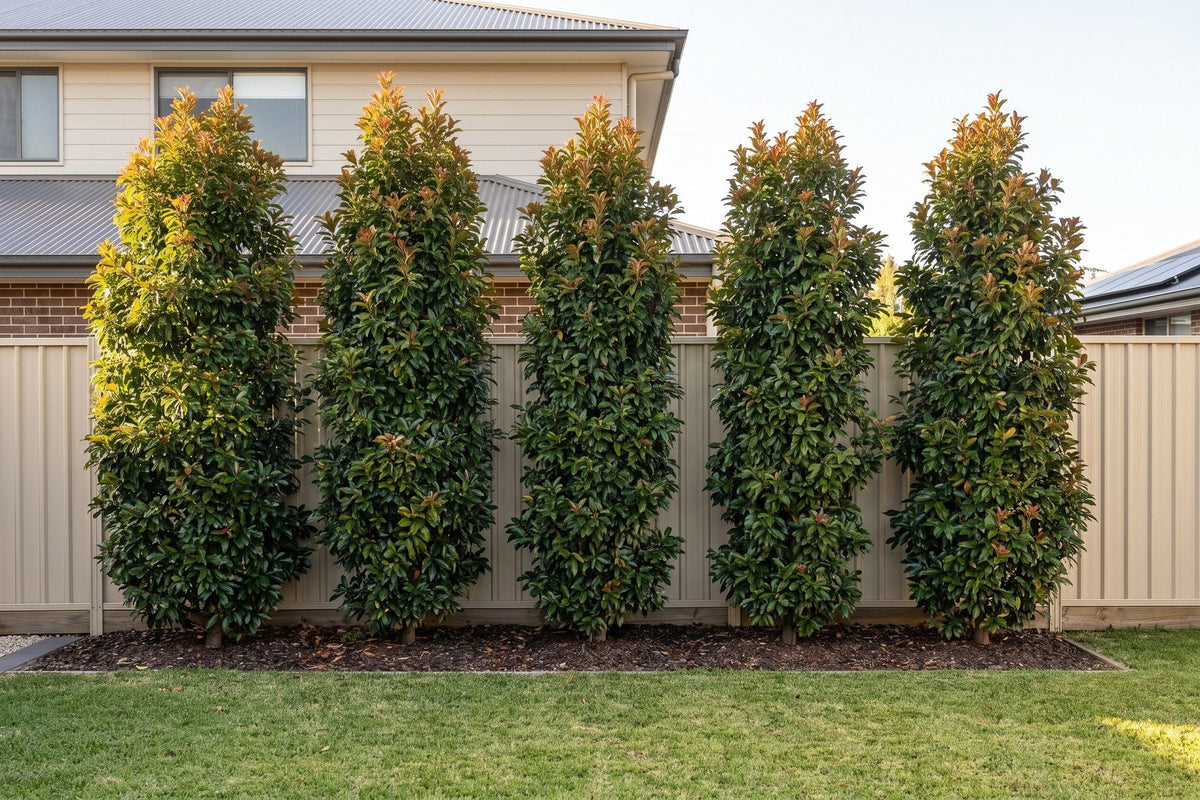 Row of tall, narrow Eumundi quandong trees screening a two-storey neighbour along a fence
