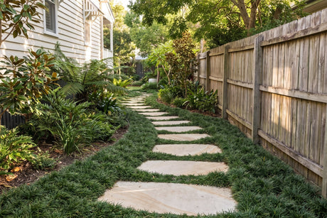 Sandstone stepping stone path with dwarf mondo grass filling the joints