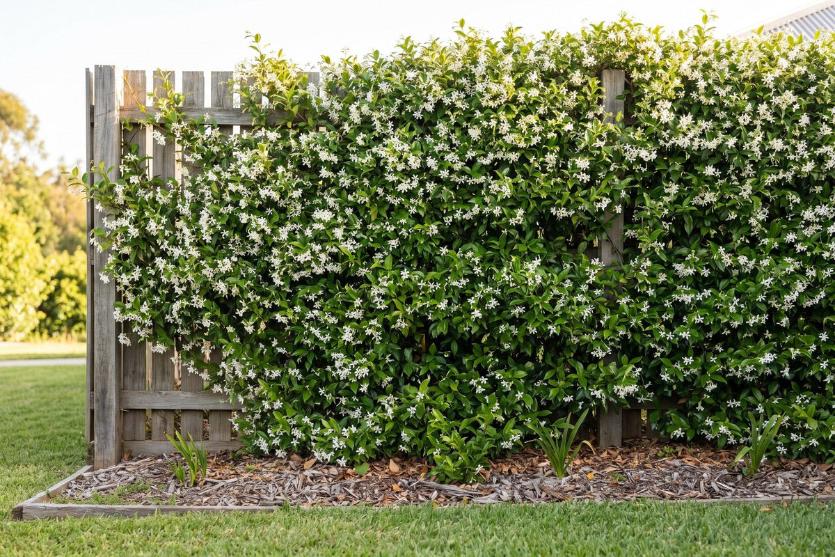 Star jasmine in full white flower covering a timber paling fence