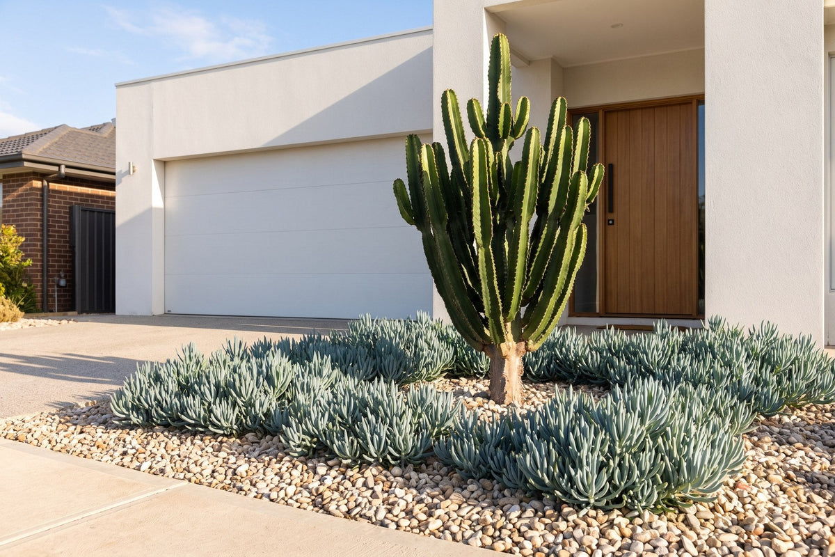 Tall cowboy cactus and blue chalksticks on pale gravel against a rendered house front