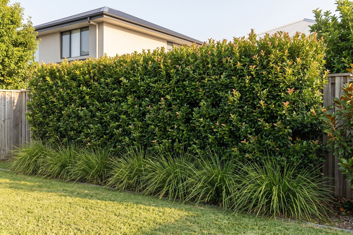 Tall lilly pilly hedge with a lomandra border screening a two-storey house next door