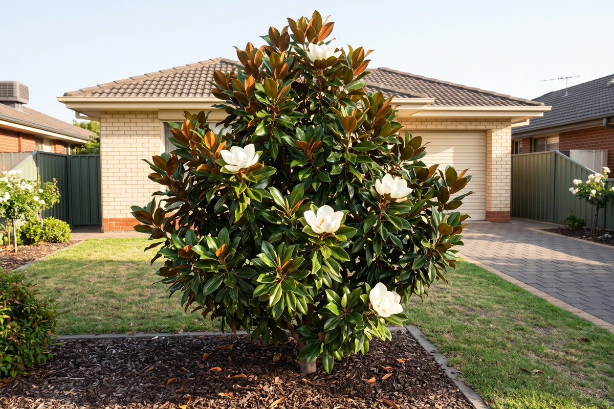 Teddy Bear magnolia in flower as a feature tree in an Australian front garden