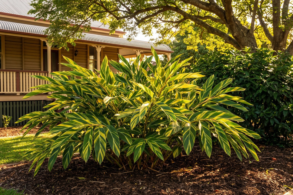 Variegated shell ginger with gold-striped leaves brightening a shaded bed beside a Queenslander