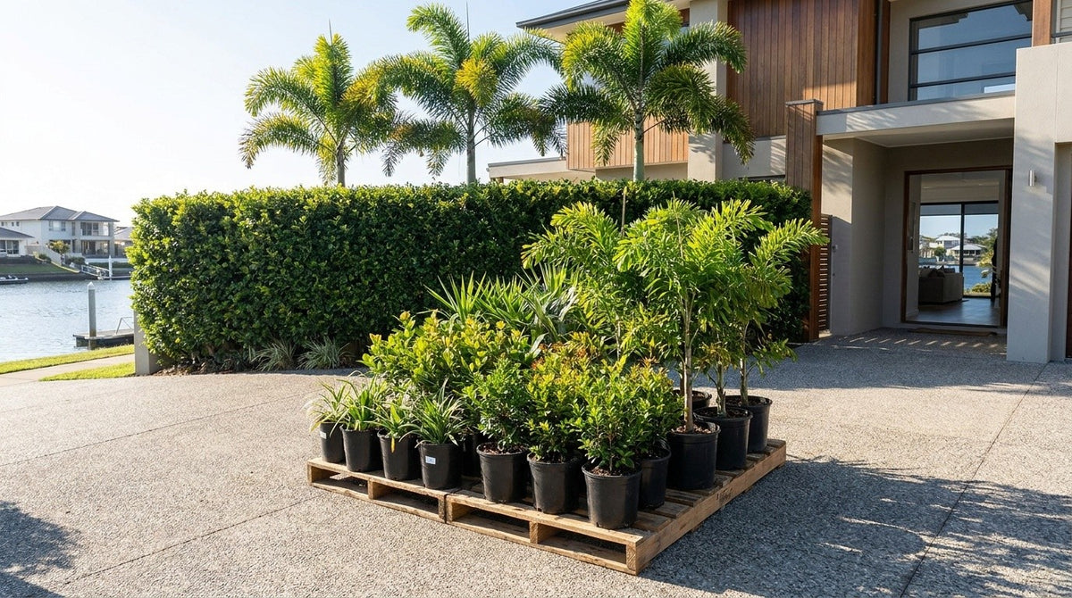 A delivery morning in the Gold Coast: nursery plants standing upright on a pallet at the front gate