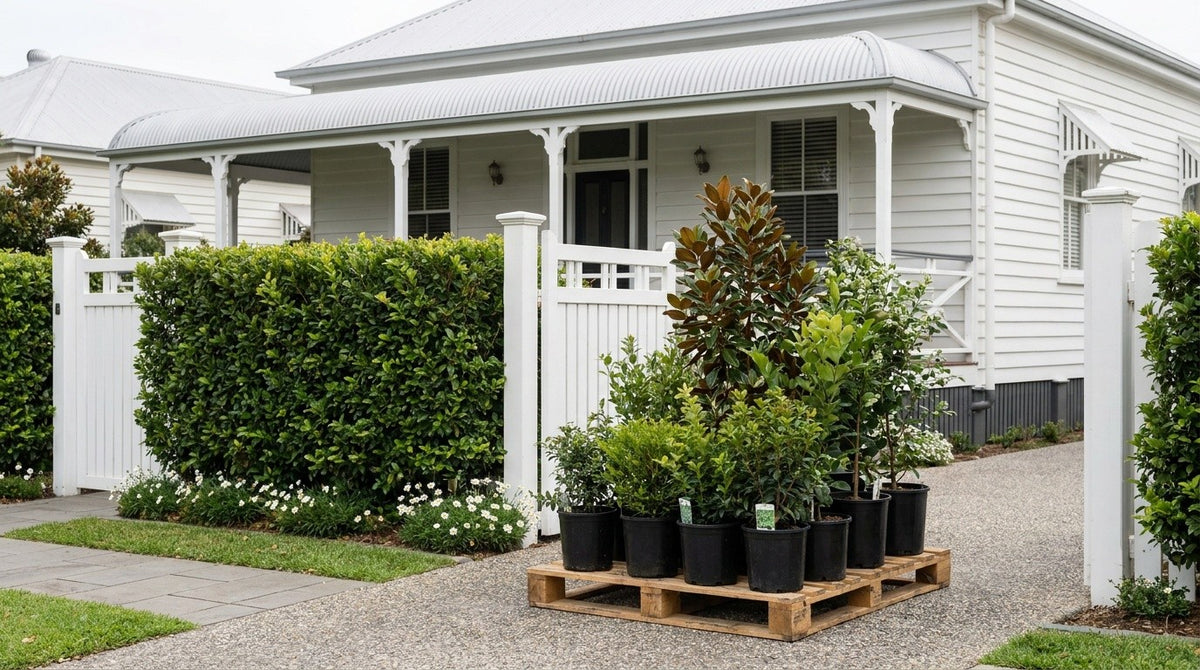 A delivery morning in Melbourne: nursery plants standing upright on a pallet at the front gate
