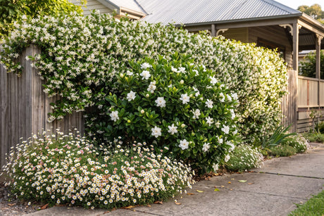 White gardenia, star jasmine and seaside daisy flowering together beside a garden path