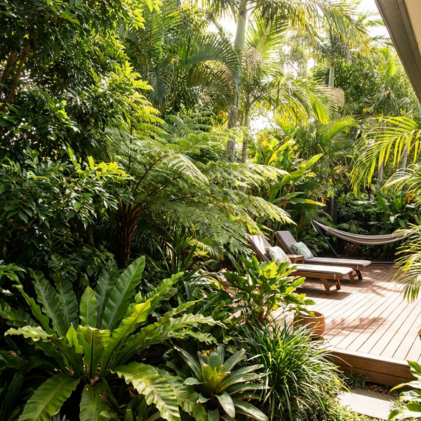 A tropical garden with lush plants, wooden deck, lounge chairs, and a hammock in the sunlight.