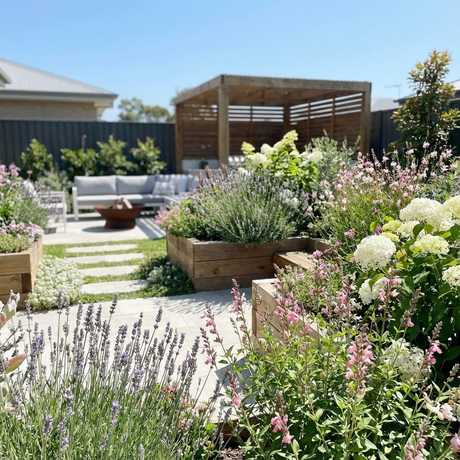 Garden with raised flower beds, blooming lavender and salvia, and a wooden pergola with seating in the background.